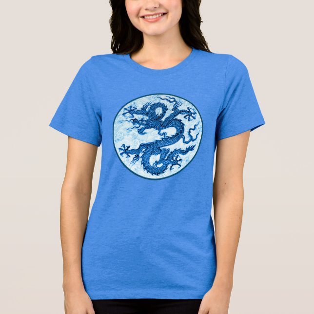 Dragão chinês, Indigo Blue e White T-Shirt (Frente)