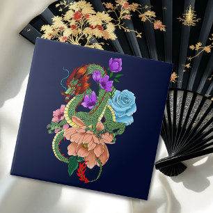 Dragão Chinês Verde Místico Floral Azul Marinho