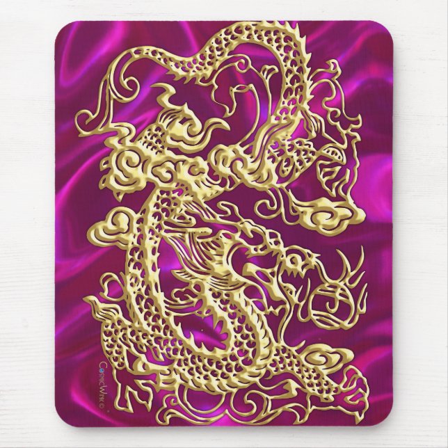 Dragão Dourado Magenta Satin Lush Dourado Mousepad (Frente)