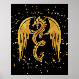 Dragão Dourado no Poster de estrelas no fundo pret