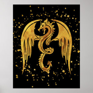 Dragão Dourado no Poster de estrelas no fundo pret