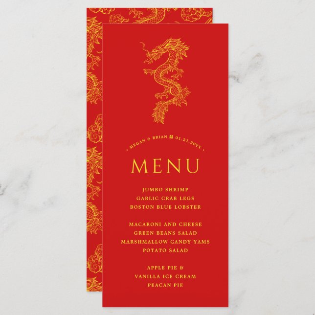 Dragão e Phoenix | Menu de Tema Vermelho Sólido (Frente/Verso)