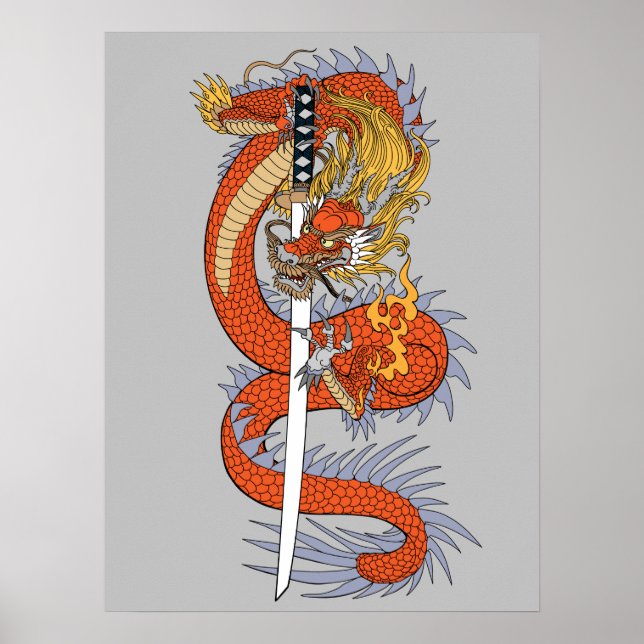 Dragão japonês com poster de espada katana (Frente)
