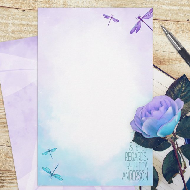 Dragões Roxos, Turquesas (purple turquoise dragonflies dragonfly budget personalized letter writing stationary paper sheets)