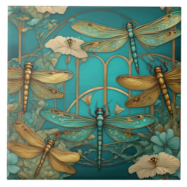 Dragonflies Art Nouveau Art Deco Dragonfly Teal (Frente)