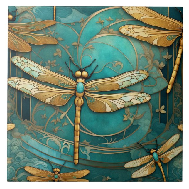 Dragonfly Art Nouveau Art Deco Teal & Dourados Ins (Frente)