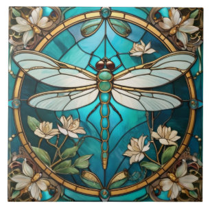 Dragonfly Art Nouveau Deco Aqua Blue Vidro