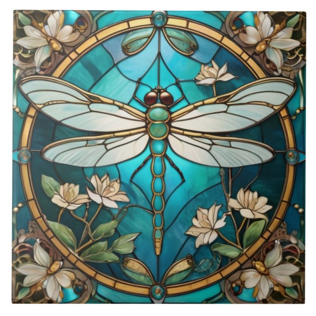 Dragonfly Art Nouveau Deco Aqua Blue Vidro (Frente)