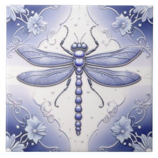 Dragonfly Blue e White Flower Art