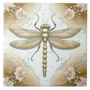 Dragonfly Dourada e White Flower Art Tan Brown