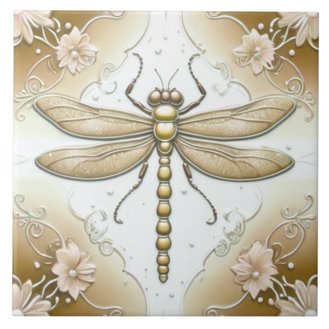 Dragonfly Dourada e White Flower Art Tan Brown (Frente)