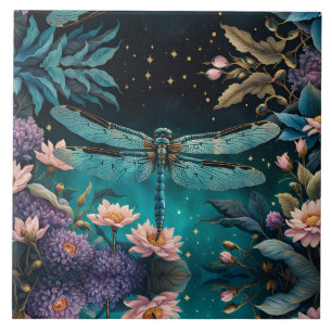 Dragonfly em um jardim floral à noite