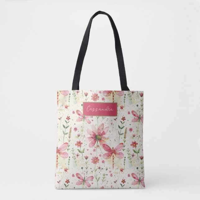 Dragonfly Floral Personalizada Tote Bag (Frente)