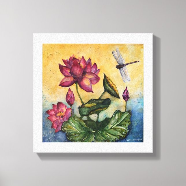 Dragonfly Lotus Watercolor Impressão Canvas (Frente)