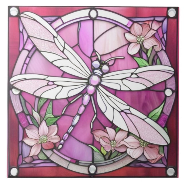 Dragonfly Magenta, rosa e vidro branco manchado (Frente)