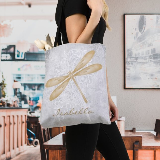 Dragonfly Personalizada Tote Bag Dourada (Gold Dragonfly Personalized Tote Bag)