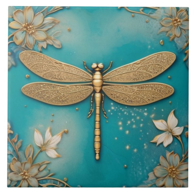 Dragonfly Turquoise Teal & Dourado Faux Alivio Asi (Frente)