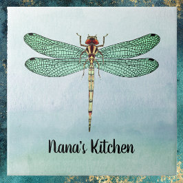 Dragonfly Verde Vintage Dourada em Blue Watercolor