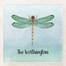 Dragonfly Verde Vintage Dourada em Blue Watercolor