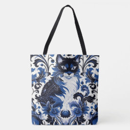 Dramatic Blue Deco Cat Large Shoulder Tote