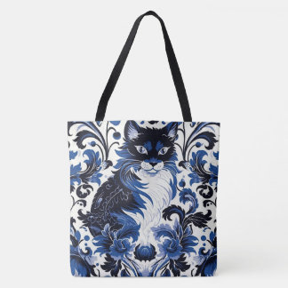 Dramatic Blue Deco Cat Large Shoulder Tote