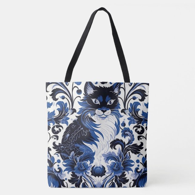 Dramatic Blue Deco Cat Large Shoulder Tote (Frente)