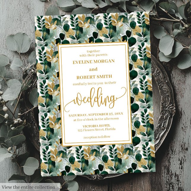 Dreamy Hunter Green Dourado Convite de casamento V (Dreamy Hunter Green Gold Greenery Wedding Invite)