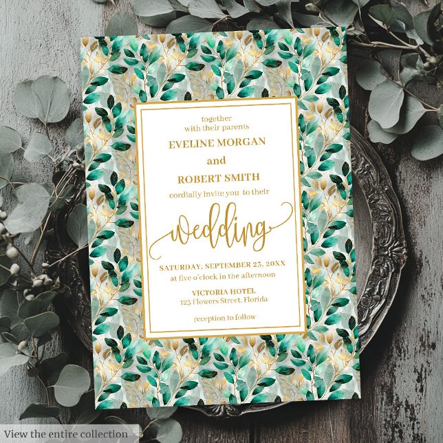 Dreamy Hunter Green Dourado Convites de casamento (Dreamy Hunter Green Gold Greenery Wedding Invites)
