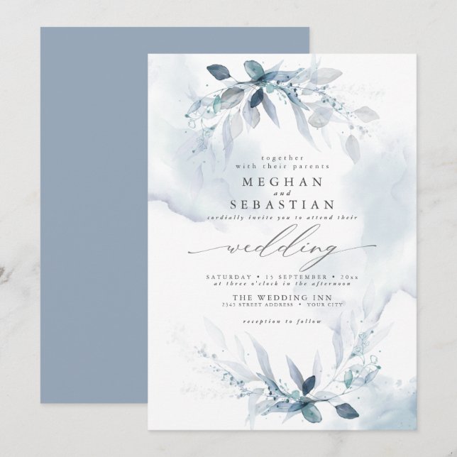 Dreamy Wedding Watercolor Convite Azul (Frente/Verso)