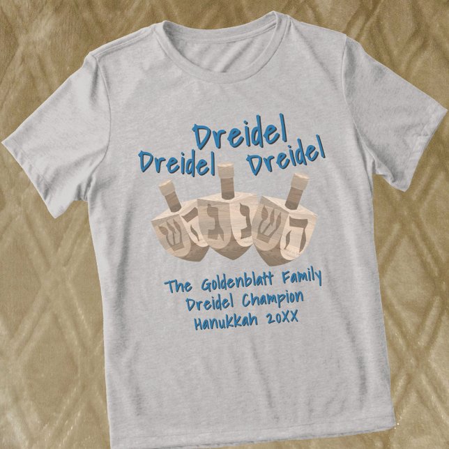 Dreidel Rustic Oak Champion Hanukkah Funny (Personalize this cute dreidel tee shirt for Hanukkah with your own custom dark blue text)