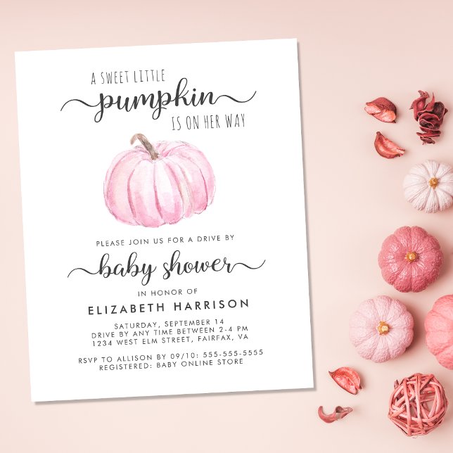 Drive By Baby Girl Chá Pink Pumpkin Convite (Celebrate the upcoming arrival of your sweet autumn baby with a pumpkin-themed drive by baby shower)