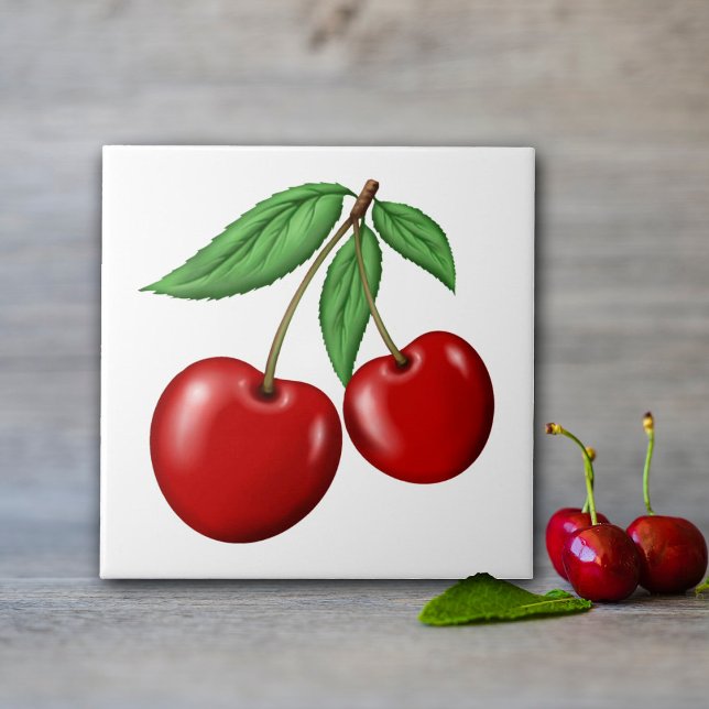 Duas Frutas Red Cherries (Cherry ceramic tile, in 2 sizes great for kitchen walls! Or order with optional frame for decoration)