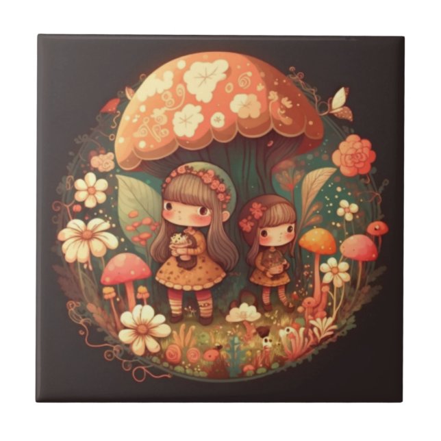 Duas meninas sob a decoração marrom cogumelo (Frente)