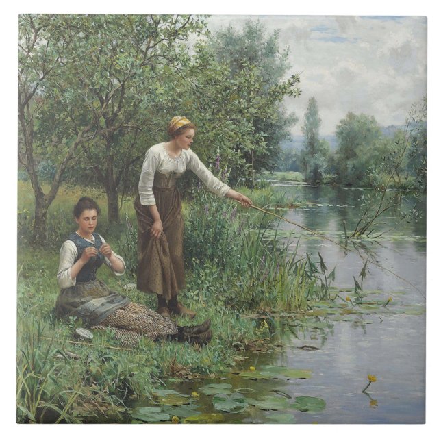 Duas mulheres pescando na grama pelo rio (Frente)