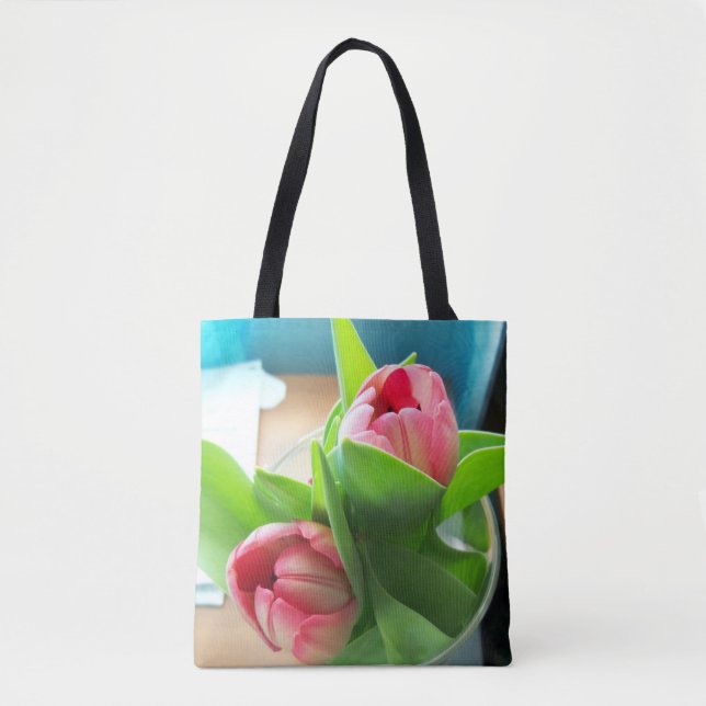 duas tulipas cor-de-rosa num saco de tote impresso (Frente)