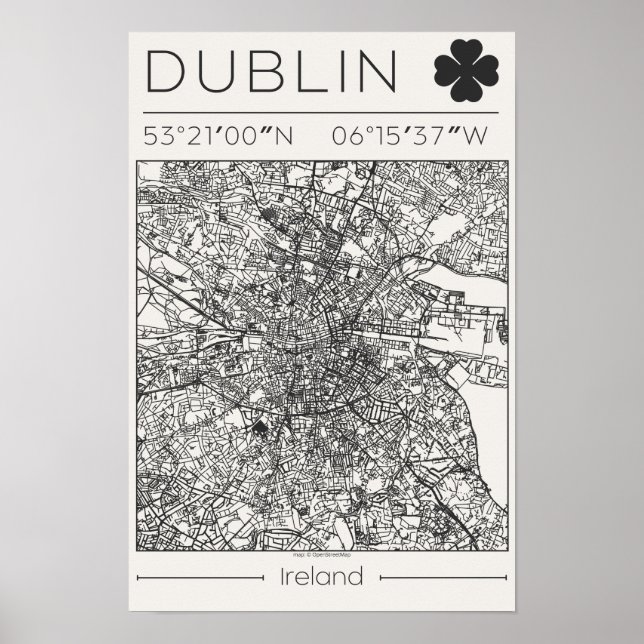 Dublin Irlanda Mapa da Cidade a Carvão Poster Mini (Frente)
