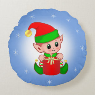 Duende de Natal em Almofada Redonda Azul Claro