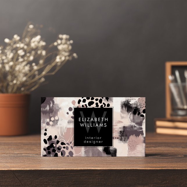 Dusky Pink Black Abstract Monogram Business Cards (Criador carregado)