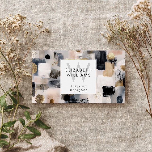 Dusky Pink Black Gold Monogram Business Cards (Criador carregado)