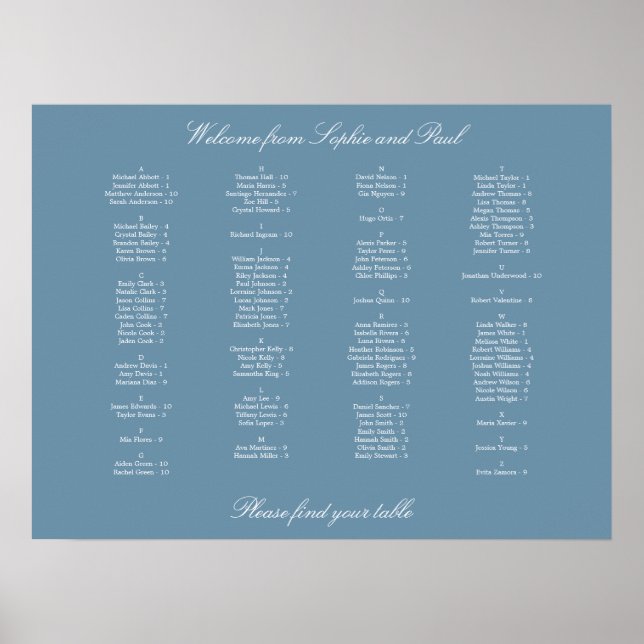Dusty Blue Alphabetical Seating Chart Poster (Frente)