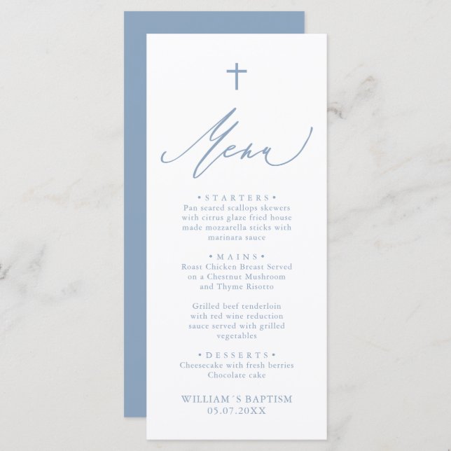 Dusty Blue and White Cross Boy Baptism Menu Card (Frente/Verso)