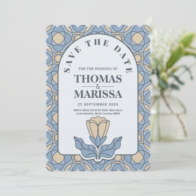 Dusty Blue Art Nouveau Save the Date QR Code (Em pé/Frente)