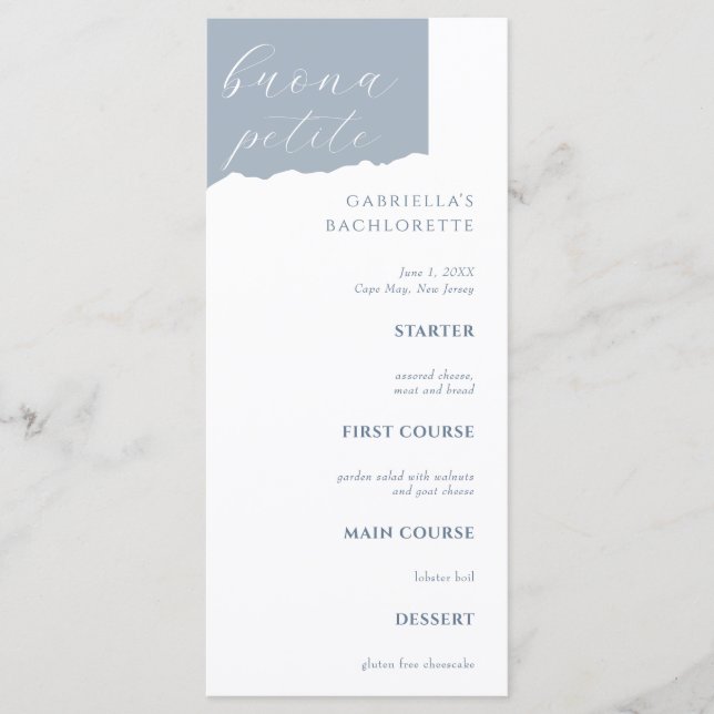 Dusty Blue Bachlorette Menu Italian (Frente)