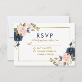 Dusty Blue Blush Floral Casamento Dourado RSVP