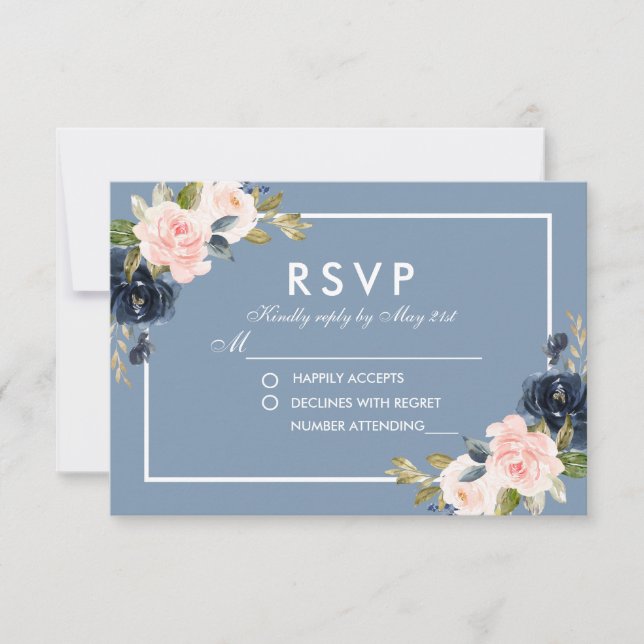 Dusty Blue Blush Floral Casamento RSVP (Frente)