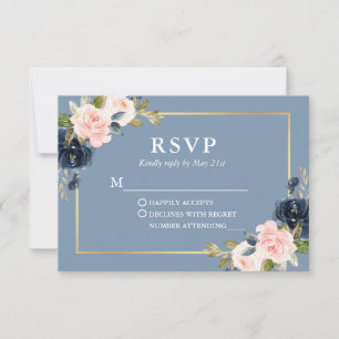 Dusty Blue Blush Floral Dourado Casamento RSVP