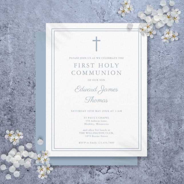 Dusty Blue Border Primeiro Convite à Comunhão (Dusty Blue Border First Holy Communion Invitation Postcard)