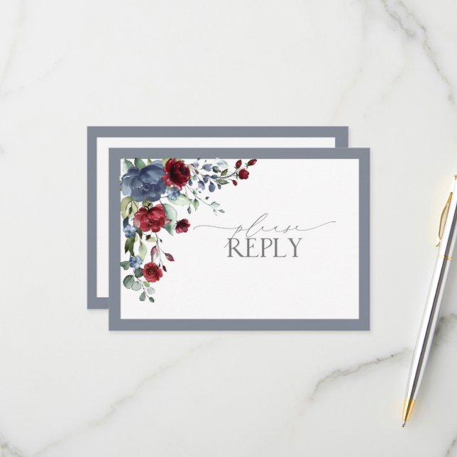 Dusty Blue Burgundy Red Floral Watercolor RSVP (Frente/Verso In Situ)