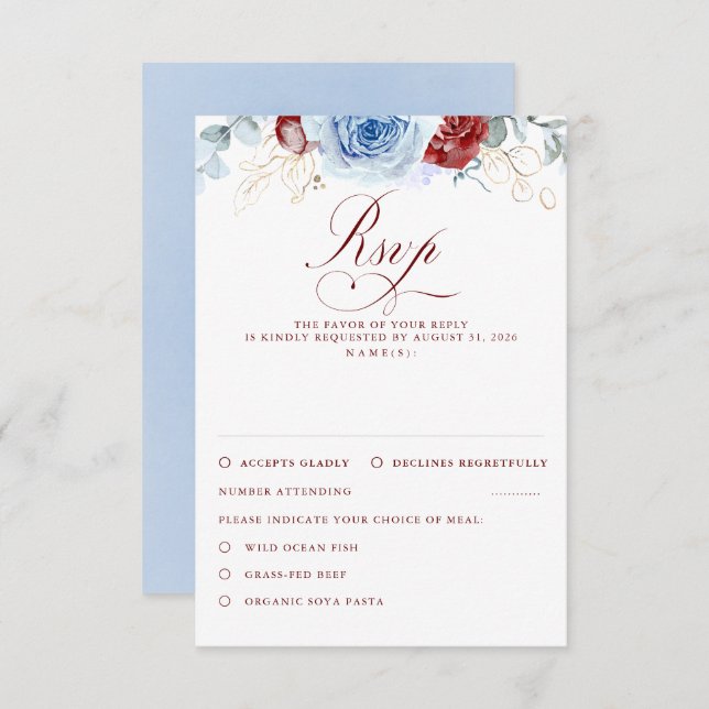 Dusty Blue Burgundy Red Flowers Wedding RSVP (Frente/Verso)