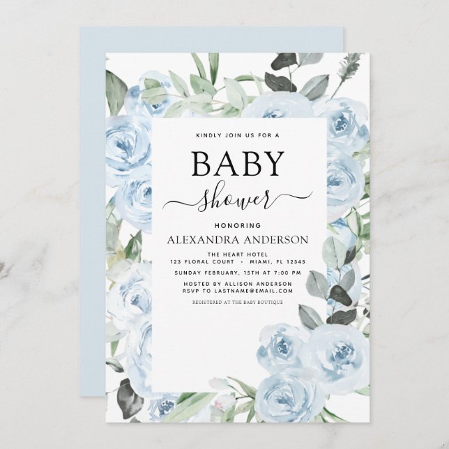 Dusty Blue Chá de fraldas Floral Greenery Convite (Frente/Verso)